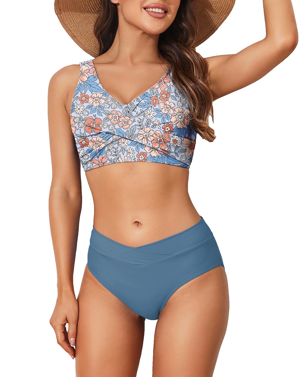 Limeeke Women's High Waisted Bikini Set Twist Front Two Piece Swimsuit Lace Up Tie Back Bathing Suits